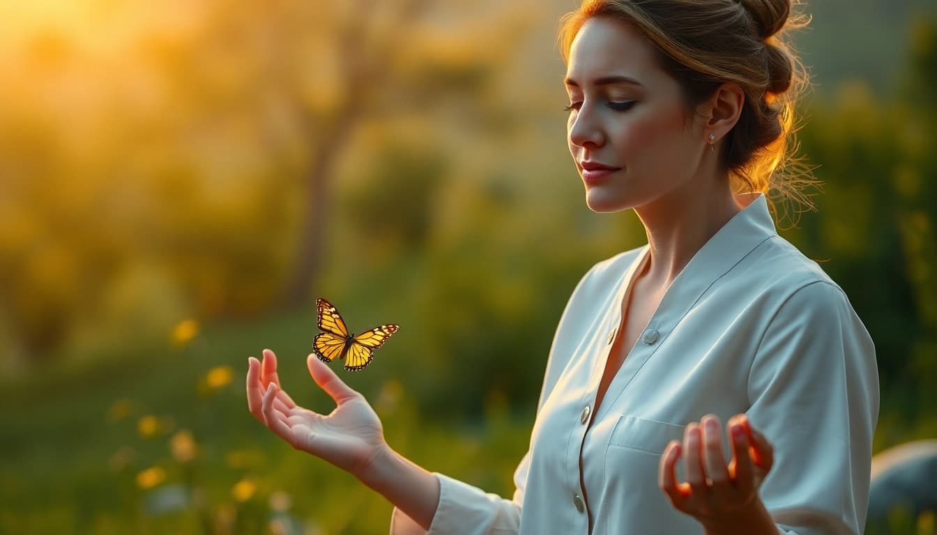 Reinkarnationstherapie in einer beruhigenden Naturmotive, der Heiler in meditativer Pose.