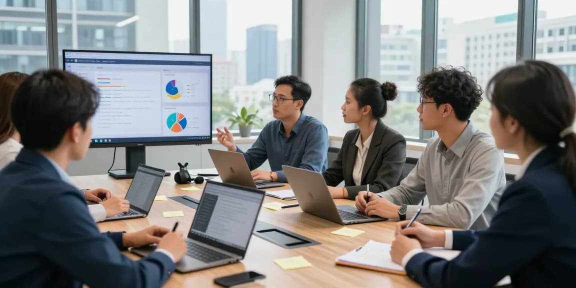 Feedback kultur arbeit in einer modernen Büroszene mit einem Team, das an einem Tisch arbeitet und Mitarbeiterzufriedenheit diskutiert.