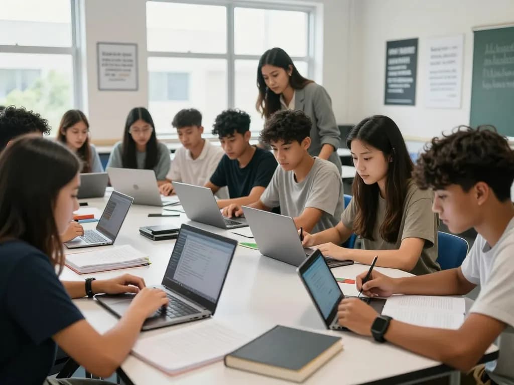Studenten verwenden Hausaufgaben Scanner für kollaborative Lösungen in einem hellen Klassenraum.