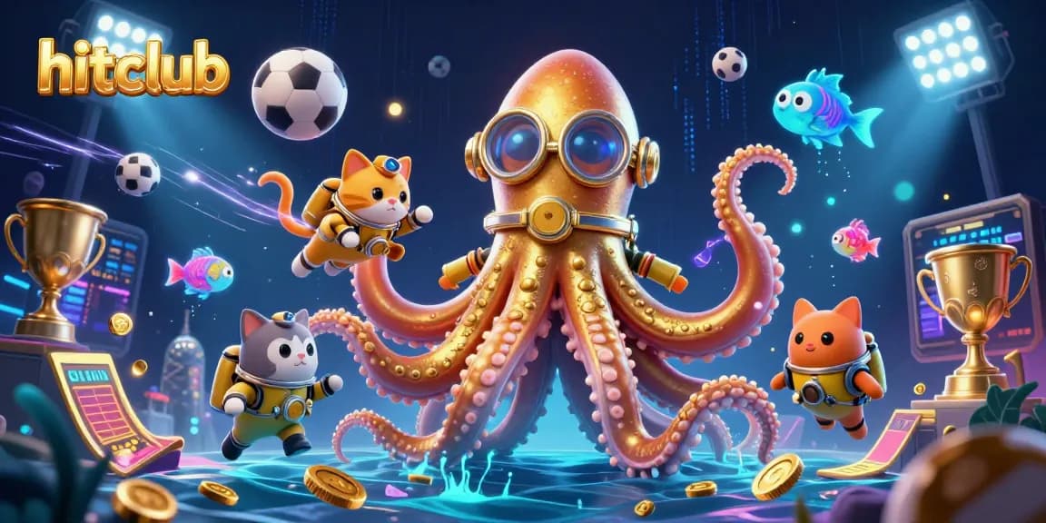 Hitclub invites players to join an exciting adventure with a kraken, diving cat, and glowing fish.