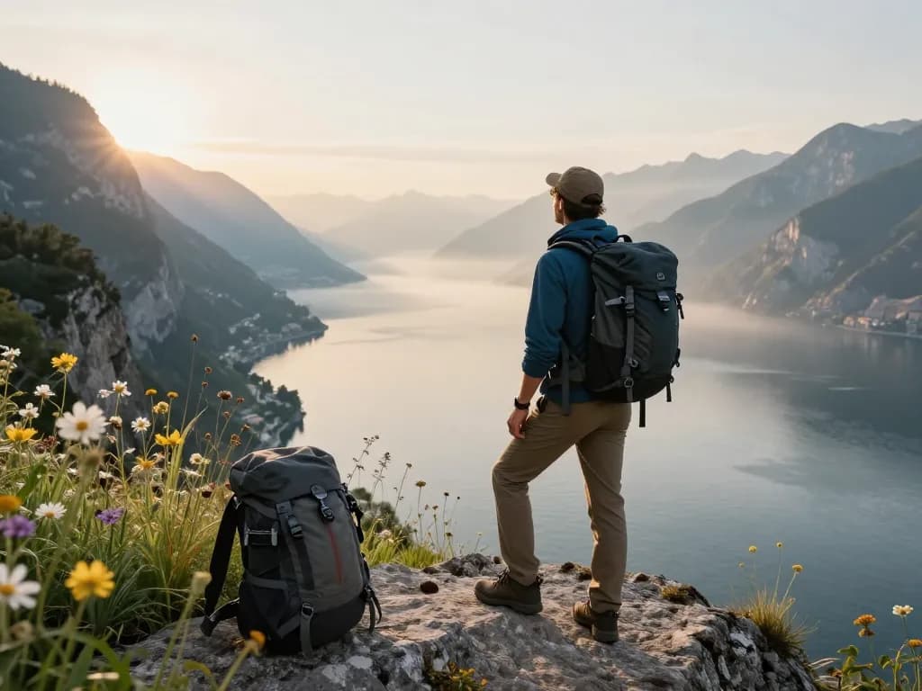 Gardasee Reisetipps, die einen Reisenden am Gardasee während des Sonnenaufgangs mit atemberaubenden Landschaften zeigen.