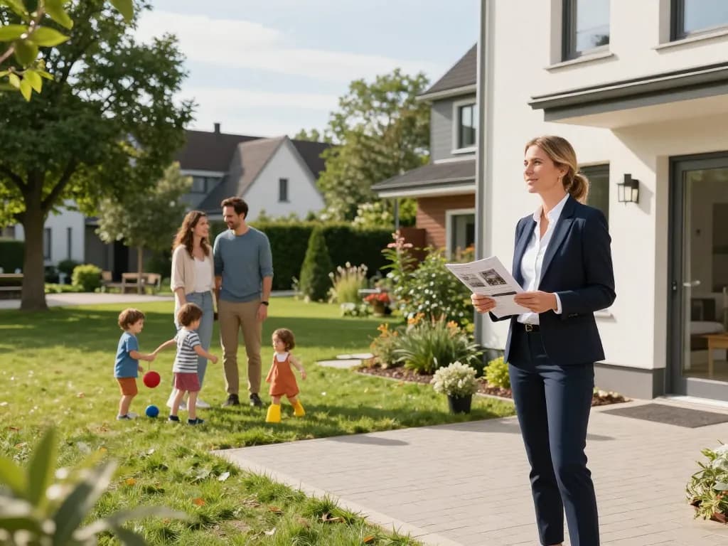 Immobilienmakler in Frankfurt Preungesheim präsentiert Immobilien potenziellen Käufern in einem familienfreundlichen Viertel.