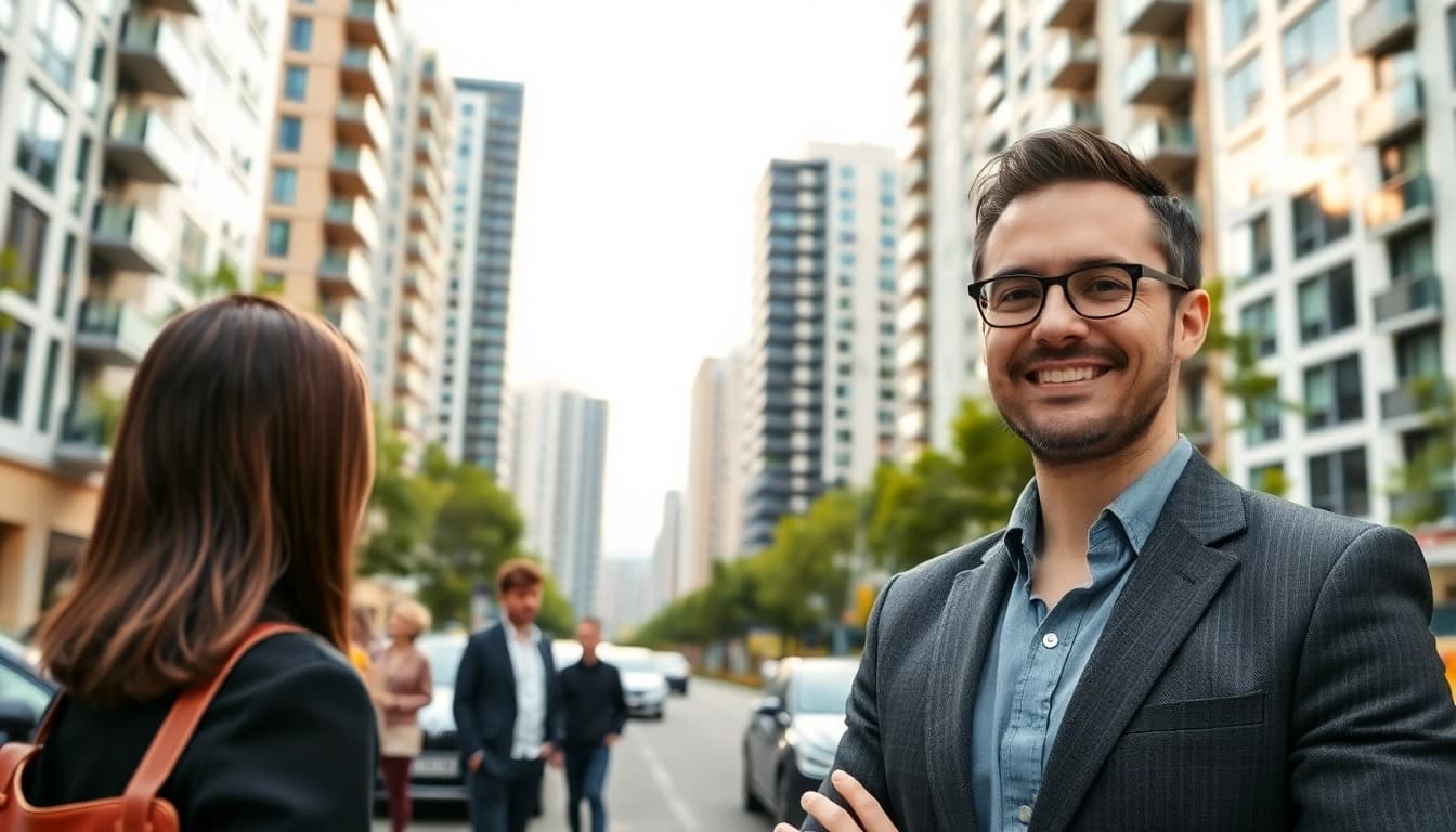 Immobilienmakler Frankfurt Preungesheim berät einen potenziellen Käufer vor modernen Wohnanlagen.