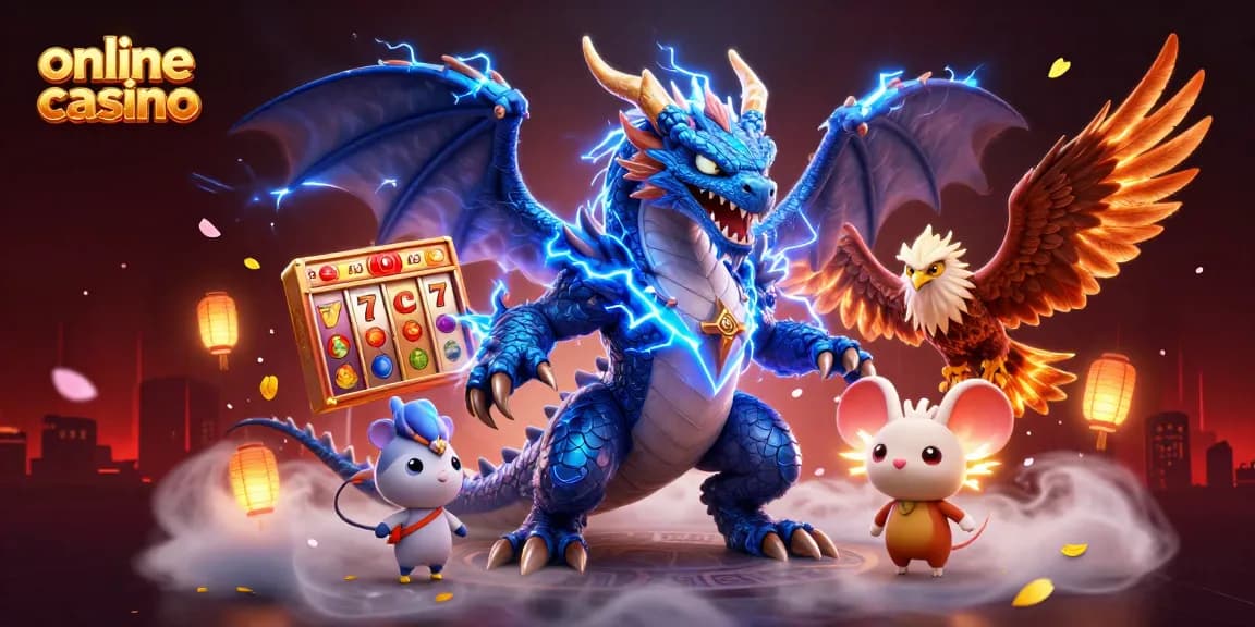 Experience the excitement of an online casino with vibrant slot reels and dynamic characters in action.
