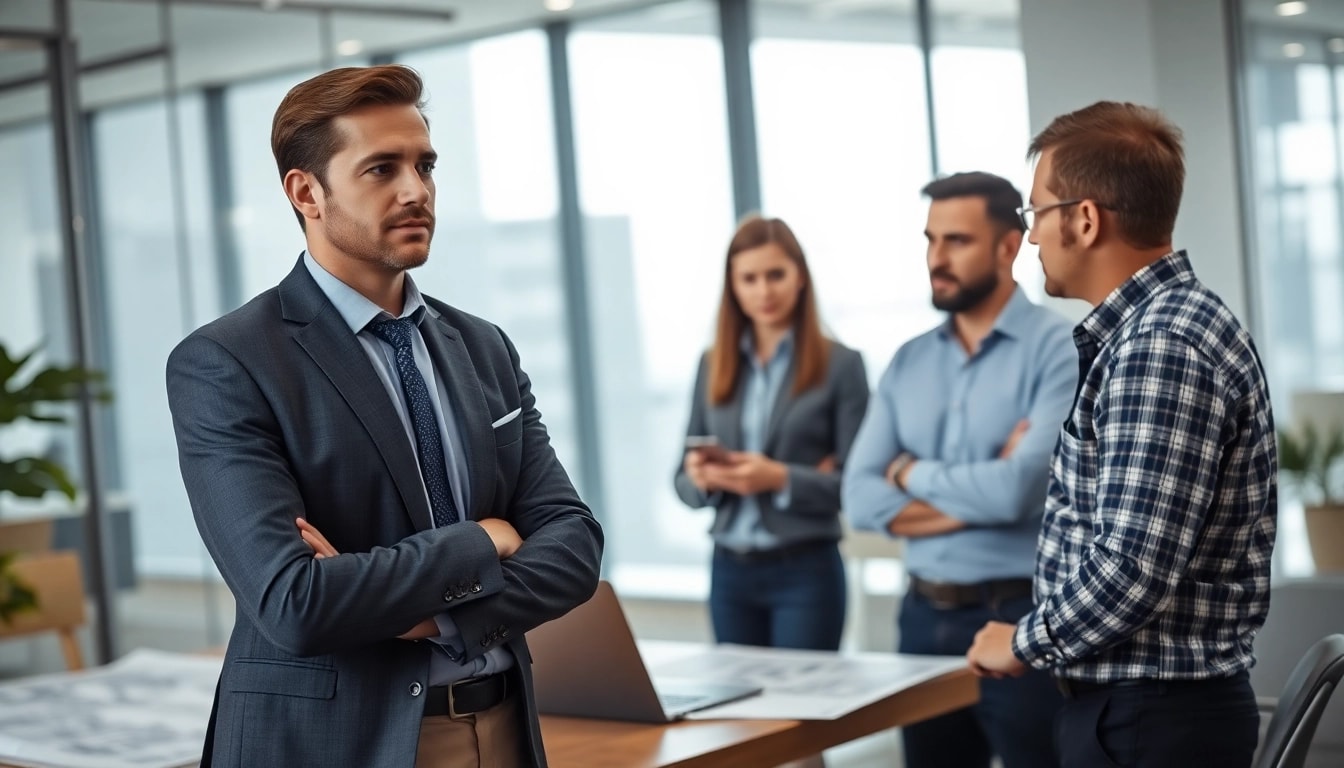 Headhunter Ingenieure im Gespräch mit einem Ingenieur in einem modernen Büro.
