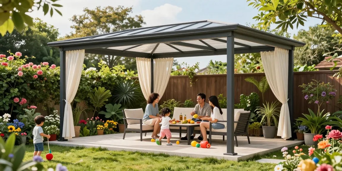Freistehende Terrassenüberdachung im Garten mit Familie, die einen sonnigen Tag genießt.