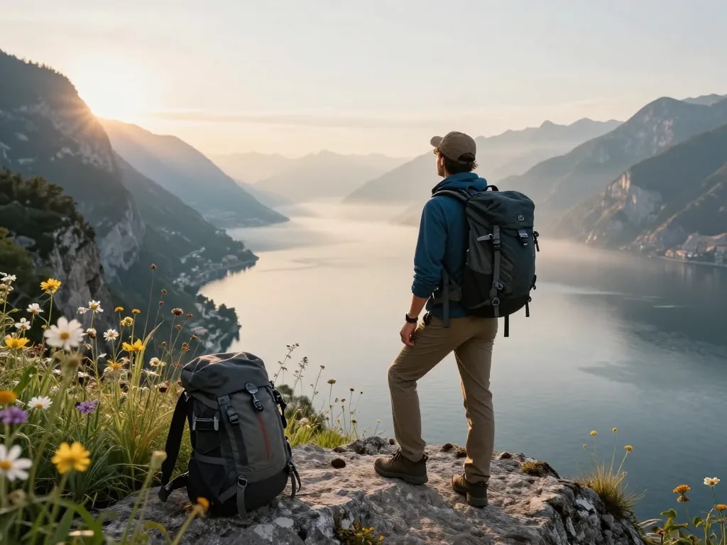 Gardasee Reisetipps, die einen Reisenden am Gardasee während des Sonnenaufgangs mit atemberaubenden Landschaften zeigen.