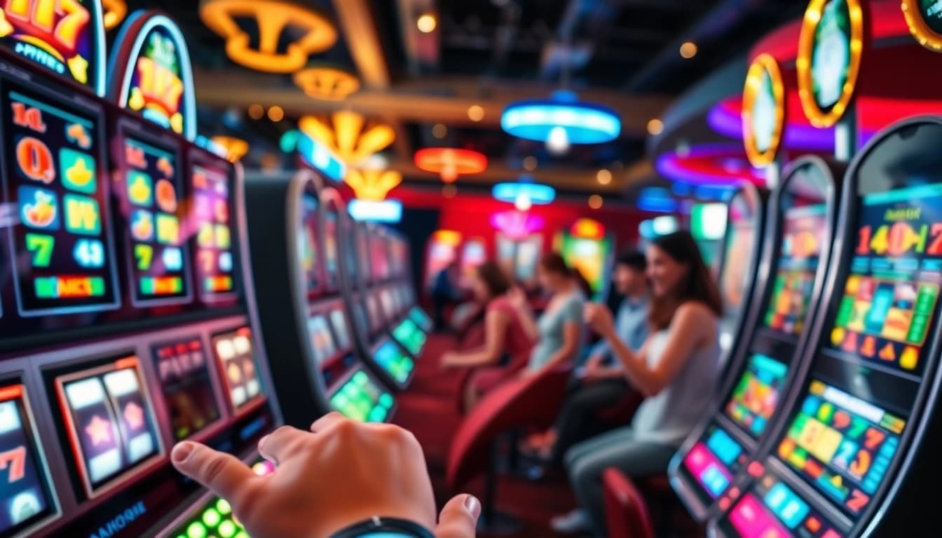 Erlebe die aufregende Welt der casinospiele mit bunten Spielautomaten und enthusiastischen Spielern.