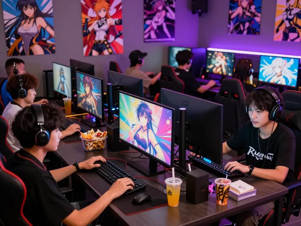 Group enjoying hentai games in vibrant gaming lounge with snacks and anime decor