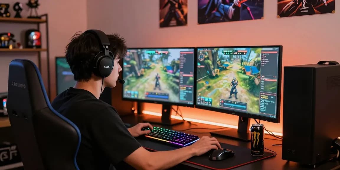 FAFA828 gaming enthusiast in vibrant setup with dual monitors and dynamic lighting