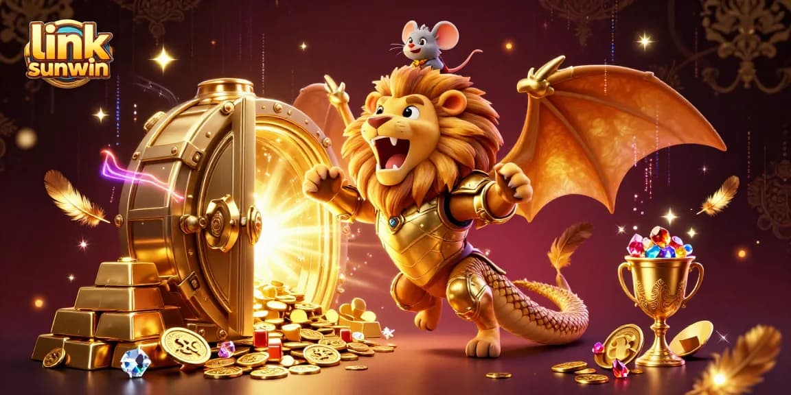 Launch into action with link sunwin as a chimera creature triumphantly roars amidst treasures in a casino scene.