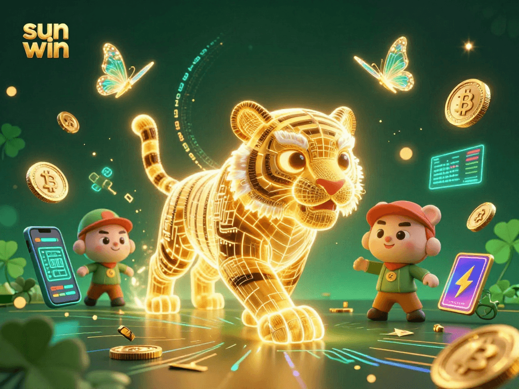 Experience sun win gaming with a neon-wireframe tiger in a vibrant digital casino.