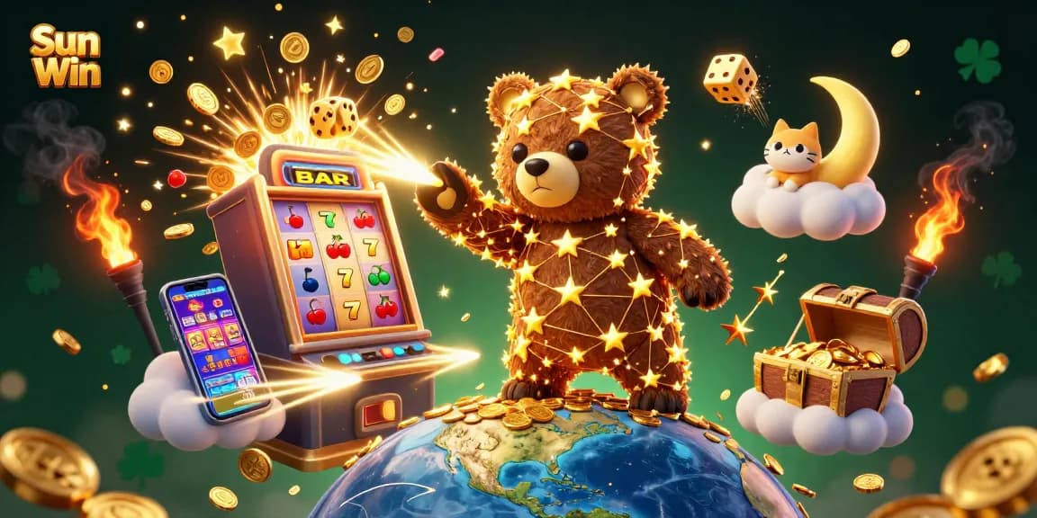 Experience the excitement of Sun Win with a vibrant casino scene filled with characters and gaming elements.