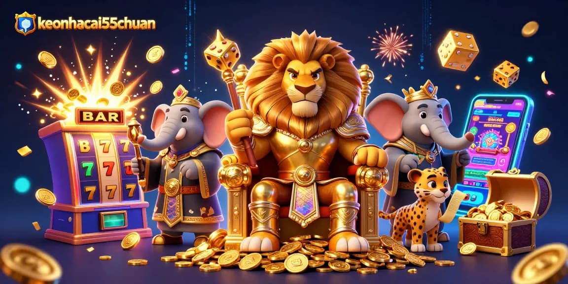 Experience excitement with keonhacai55chuan as the lion king and his allies celebrate a jackpot casino scene.