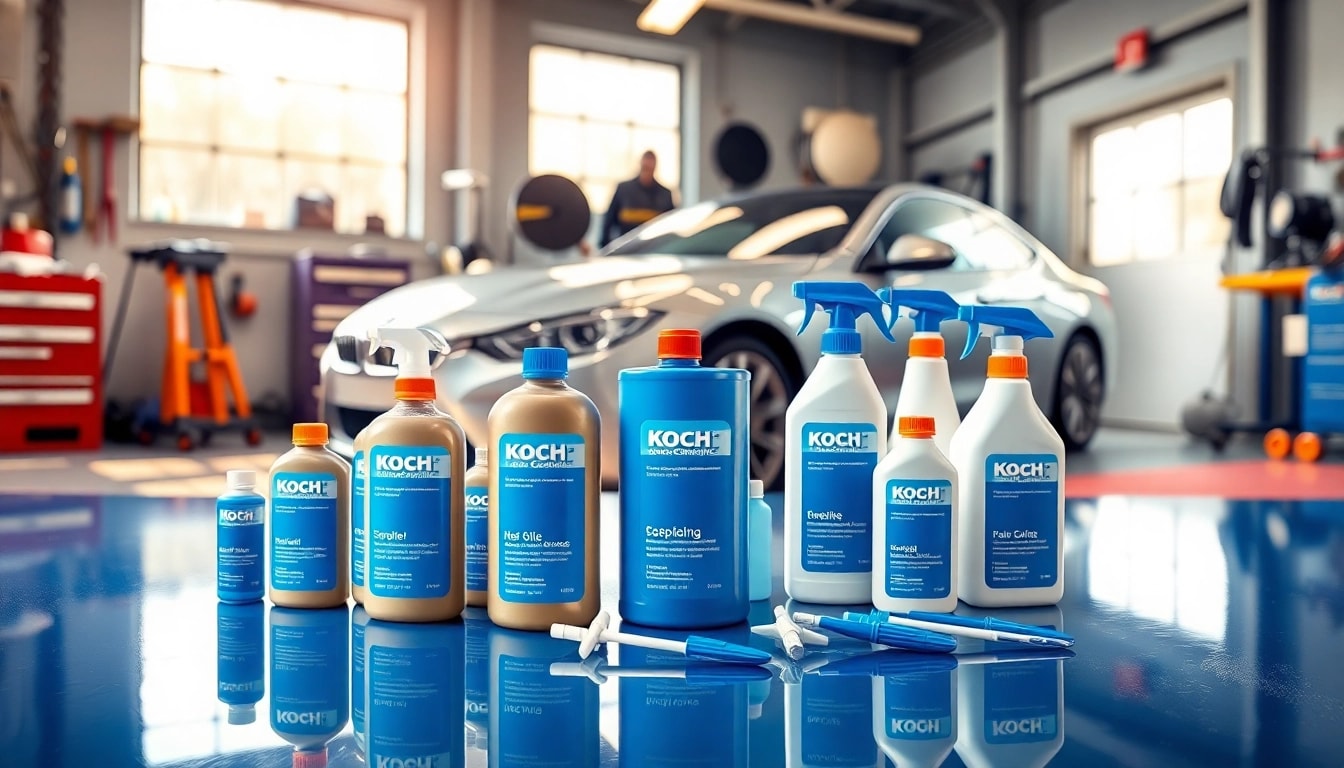 Koch Chemie Produkte auf einem glänzenden werkstatt Tisch dekoriert.