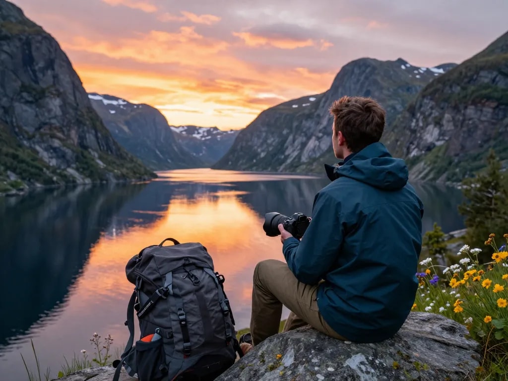 Reisender an einem malerischen Fjord in Norwegen, der während der goldenen Stunde Reisetipps Skandinavien genießt.
