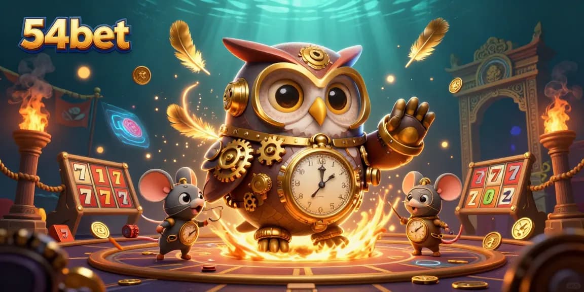 Watch the 54bet owl and mouse play casino slots in a lively, colorful steampunk scene.