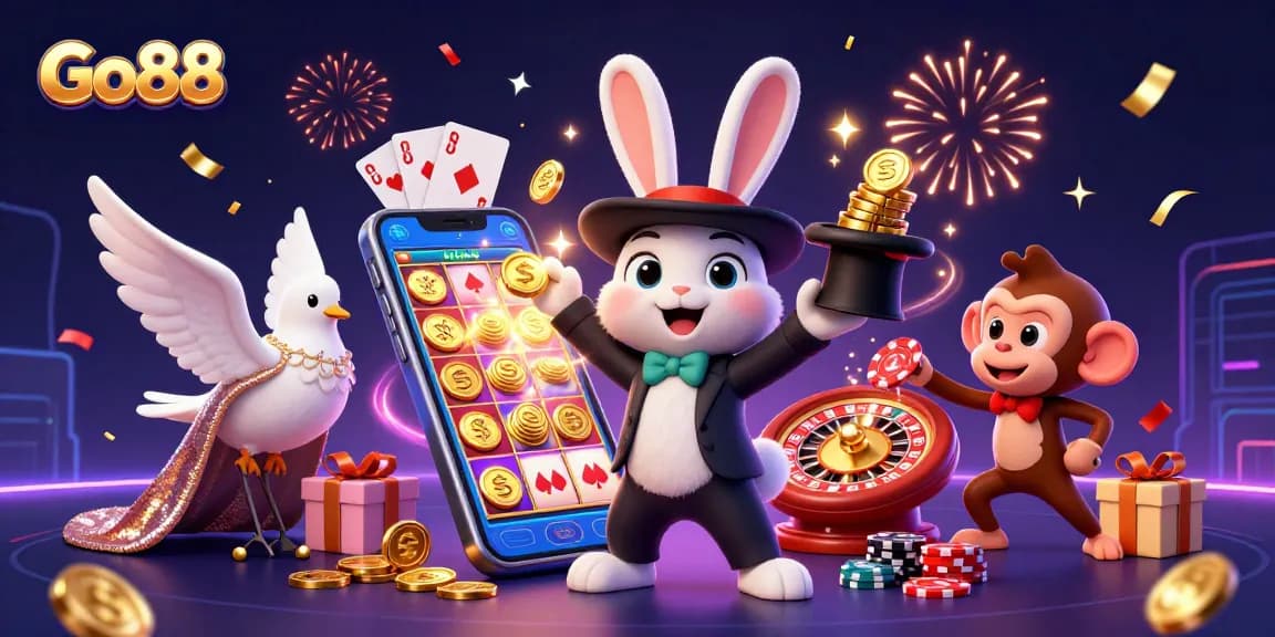 Engage with Go88's excitement as a magician rabbit, dove, and monkey animate a lively casino scene.