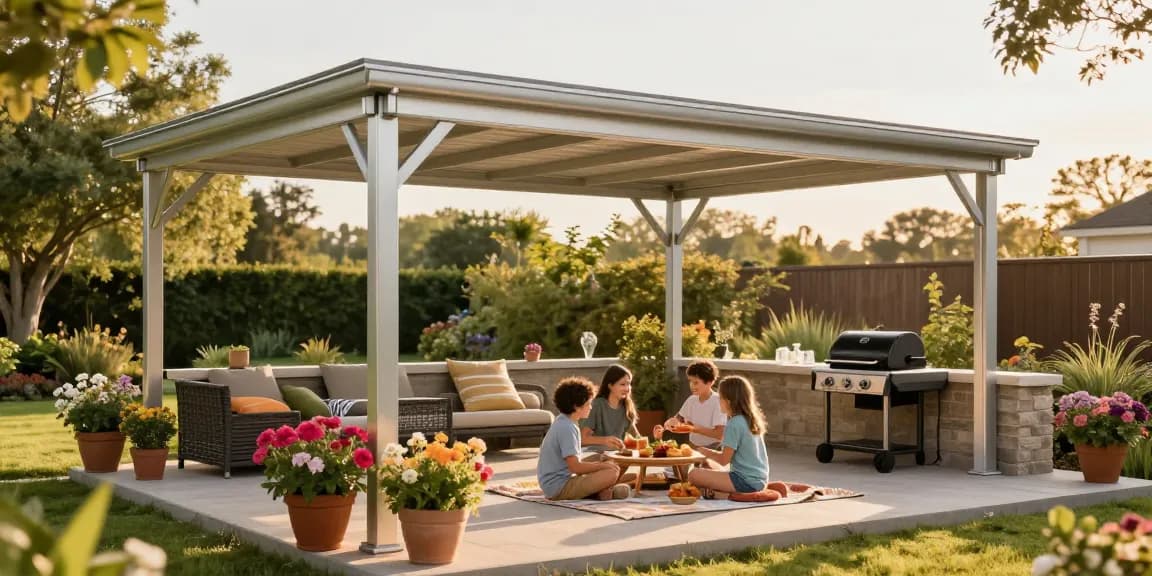 Moderne Terrassenüberdachungen mit Familie im Freien, ideal für entspannte Nachmittage.