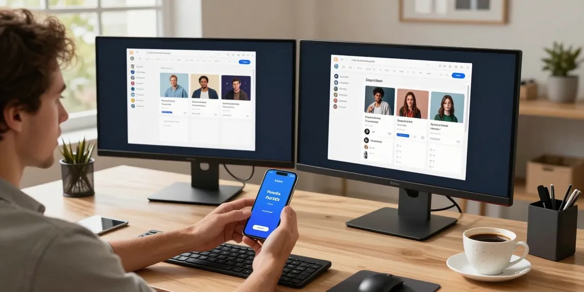 User engaging with Honista APK on smartphone in a modern workspace, showcasing advanced customization features and tech gadgets.
