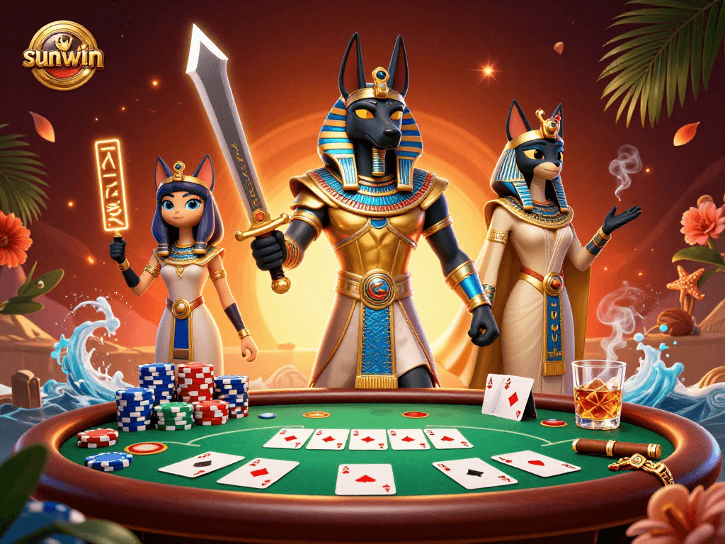 Experience the thrill of winning at sunwin casinos with Anubis and Bastet amidst vibrant poker elements.