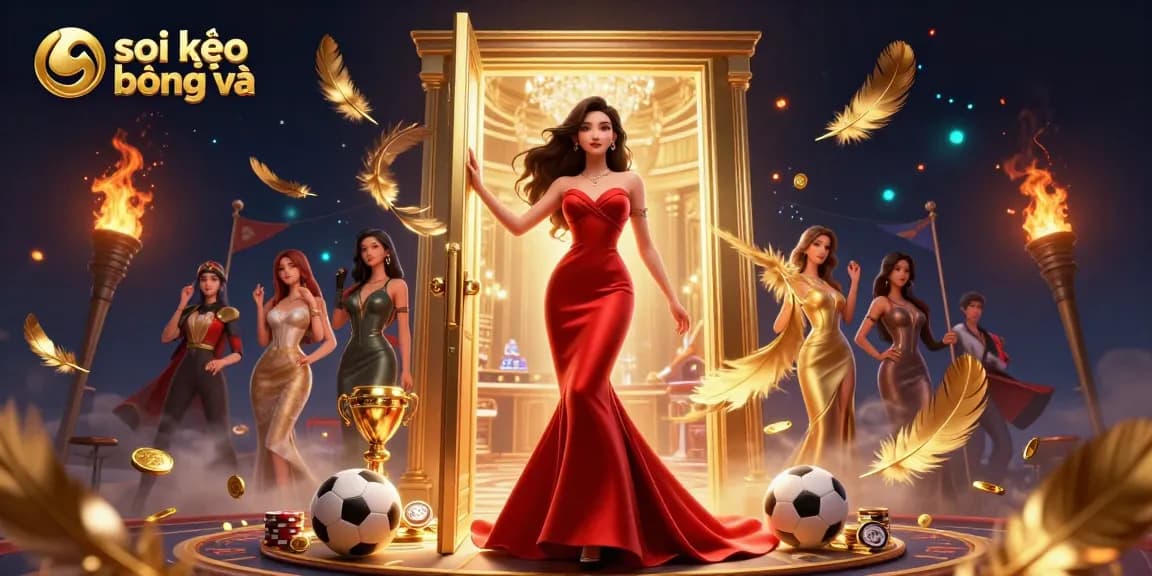 Soi kèo bóng đá scene with a beautiful Asian woman, sports betting elements, and casino atmosphere.