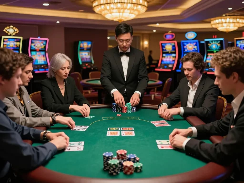 Engaged players enjoy strategic poker gameplay at TG88 casino under warm ambient chandelier lighting.