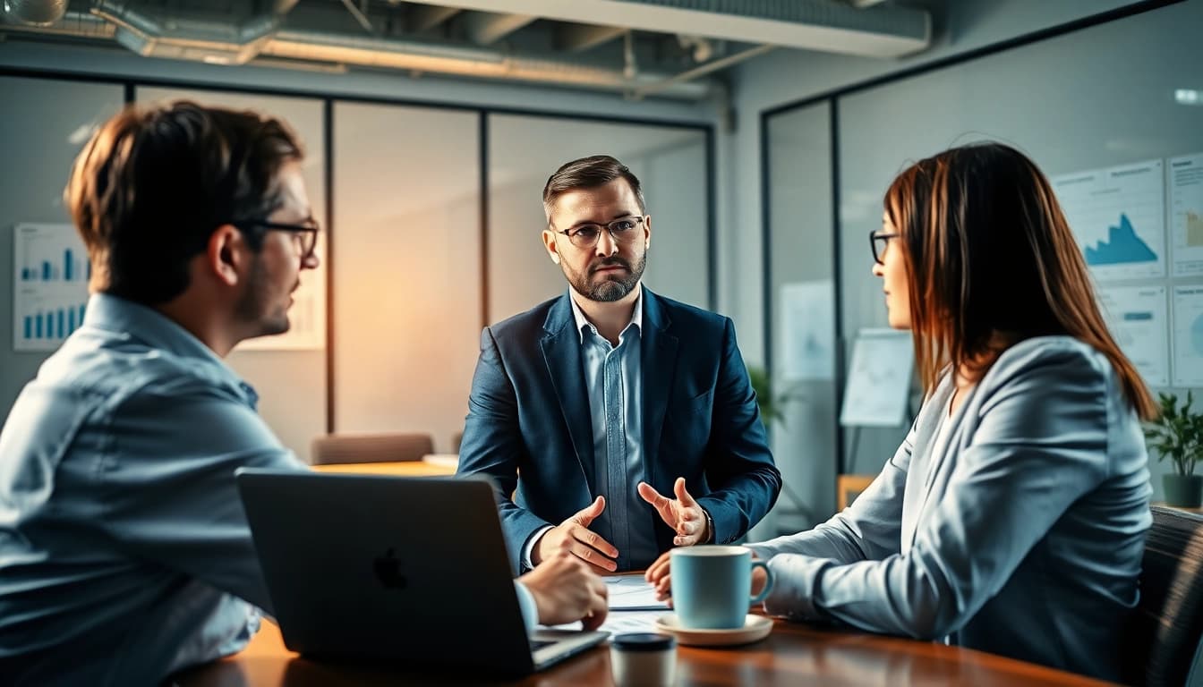 Headhunter Schweiz berät einen Klienten in einem modernen Büro mit Analysedaten.