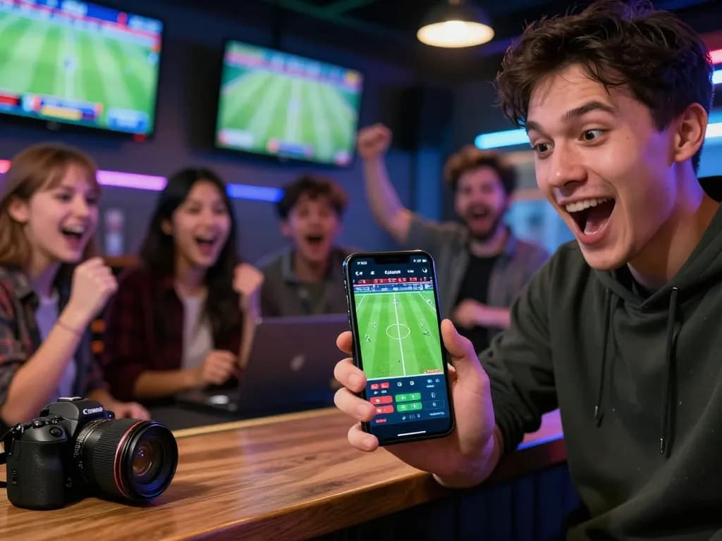 Spannender Moment mit einer Person, die auf der mobilen App wettet, während Immobilienmakler Frankfurt Preungesheim günstige Ergebnisse im Sportwetten erzielt.