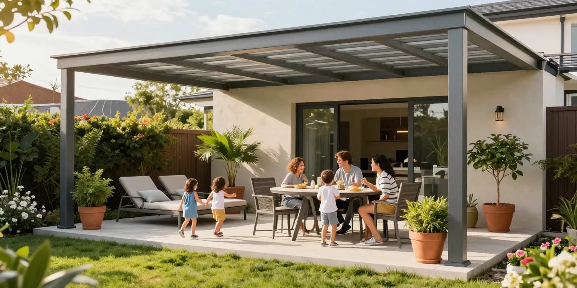 Modernes Design der Terrassenüberdachung mit Familie im Garten genießen.