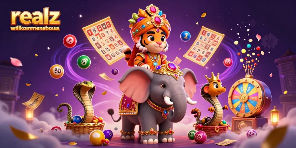 Erleben Sie den realz casino Willkommensbonus mit einem majestätischen Maharaja und einem prunkvollen Elefanten.