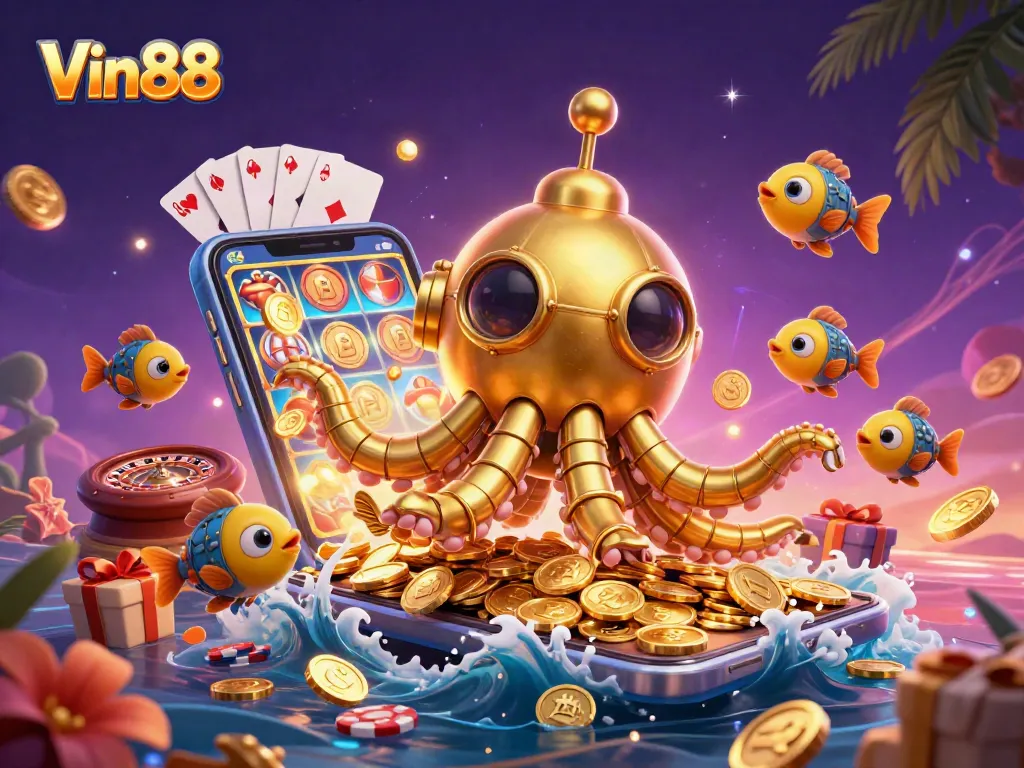 Experience the thrill of Vin88 with a dynamic 3D casino scene full of games and gold.