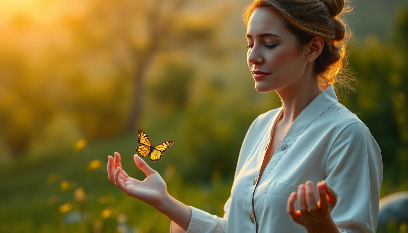 Reinkarnationstherapie in einer beruhigenden Naturmotive, der Heiler in meditativer Pose.