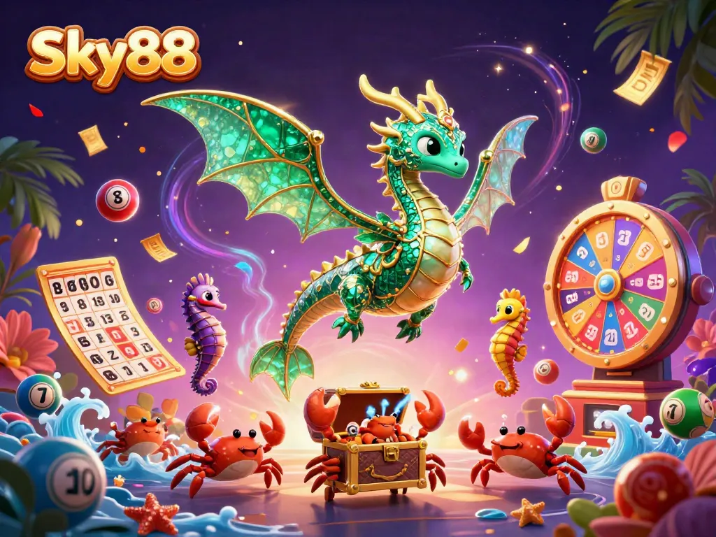 Engage in dynamic lottery play with Sky88's vibrant 3D elements and characters.