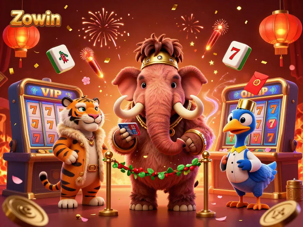 Zowin offers a vibrant online casino experience featuring a woolly mammoth bouncer and a saber-tooth tiger VIP guest.