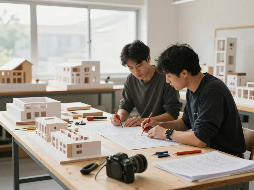 Architekturmodellbau Schweiz: Präzise Modellbauer bei der Arbeit in einer hellen Werkstatt.