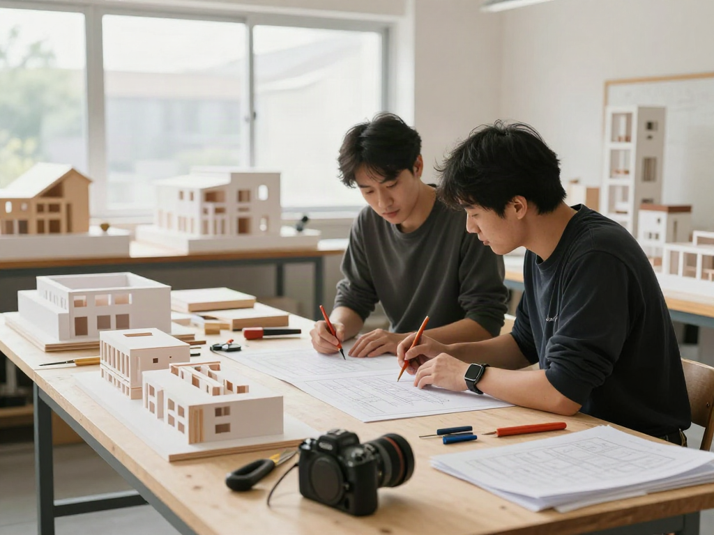 Architekturmodellbau Schweiz: Präzise Modellbauer bei der Arbeit in einer hellen Werkstatt.
