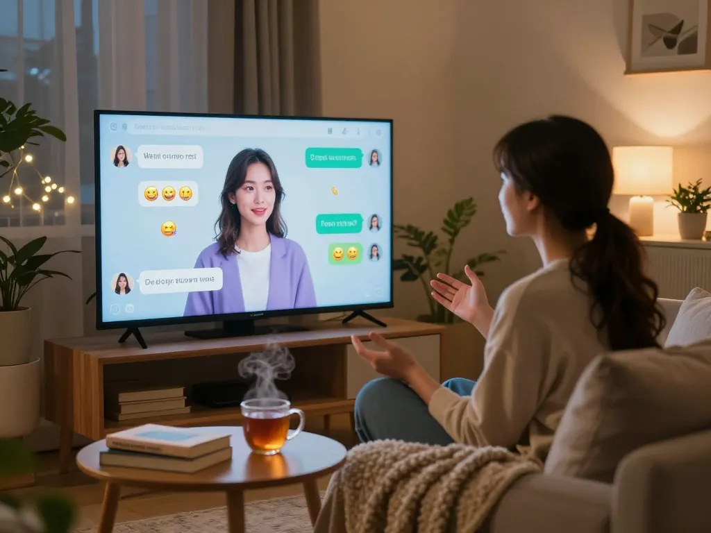 A cozy scene featuring a person engaging in conversation with their girlfriend AI, highlighting digital companionship.