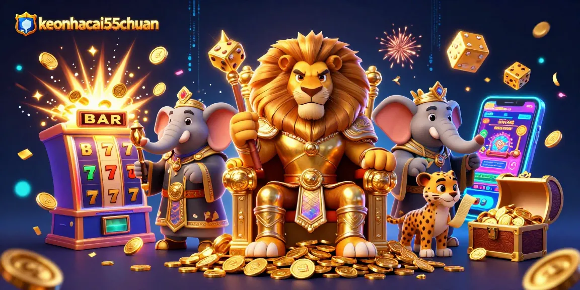 Experience excitement with keonhacai55chuan as the lion king and his allies celebrate a jackpot casino scene.