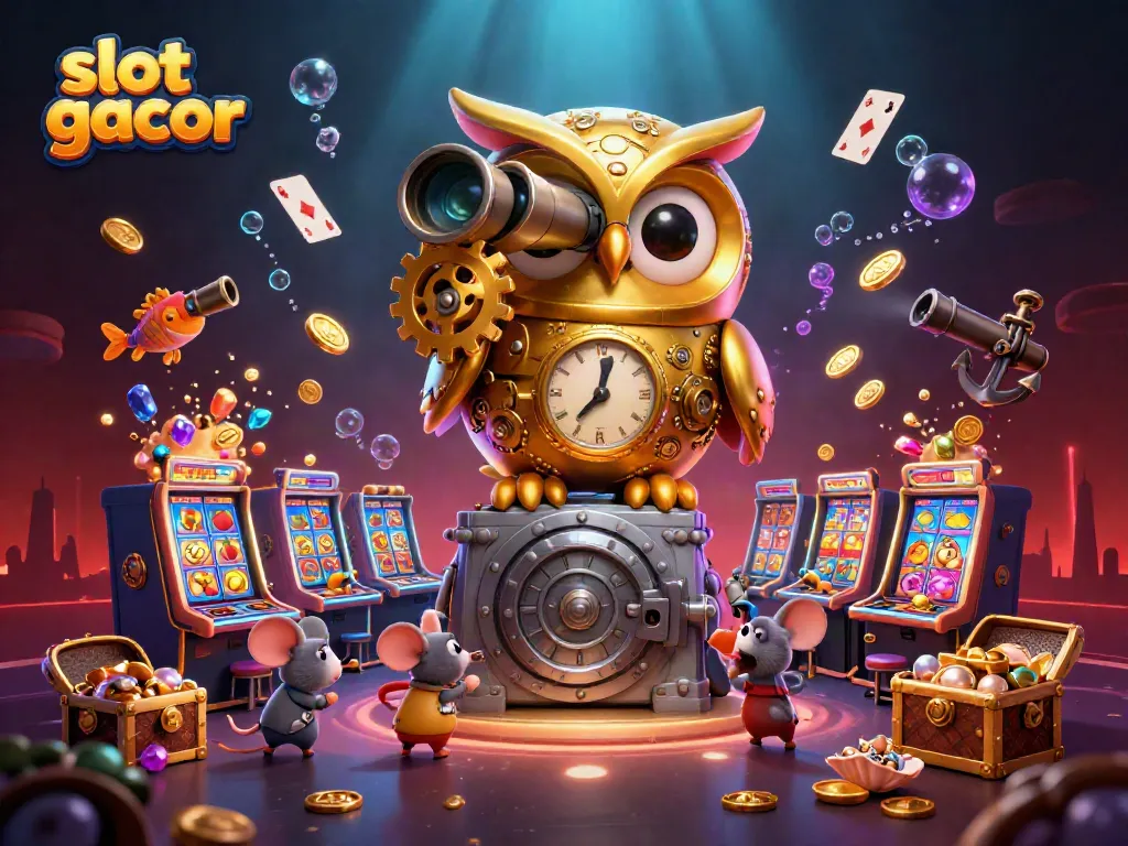 Engage in slot gacor with a lively casino scene featuring a golden owl and wind-up mice.