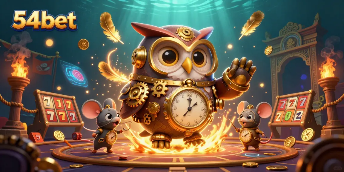 Watch the 54bet owl and mouse play casino slots in a lively, colorful steampunk scene.