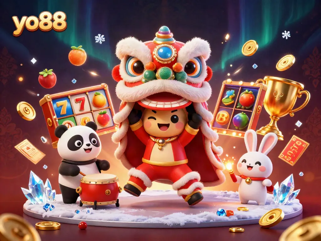 Engage in thrilling gameplay with yo88's vibrant casino scene featuring lucky symbols and festive characters.