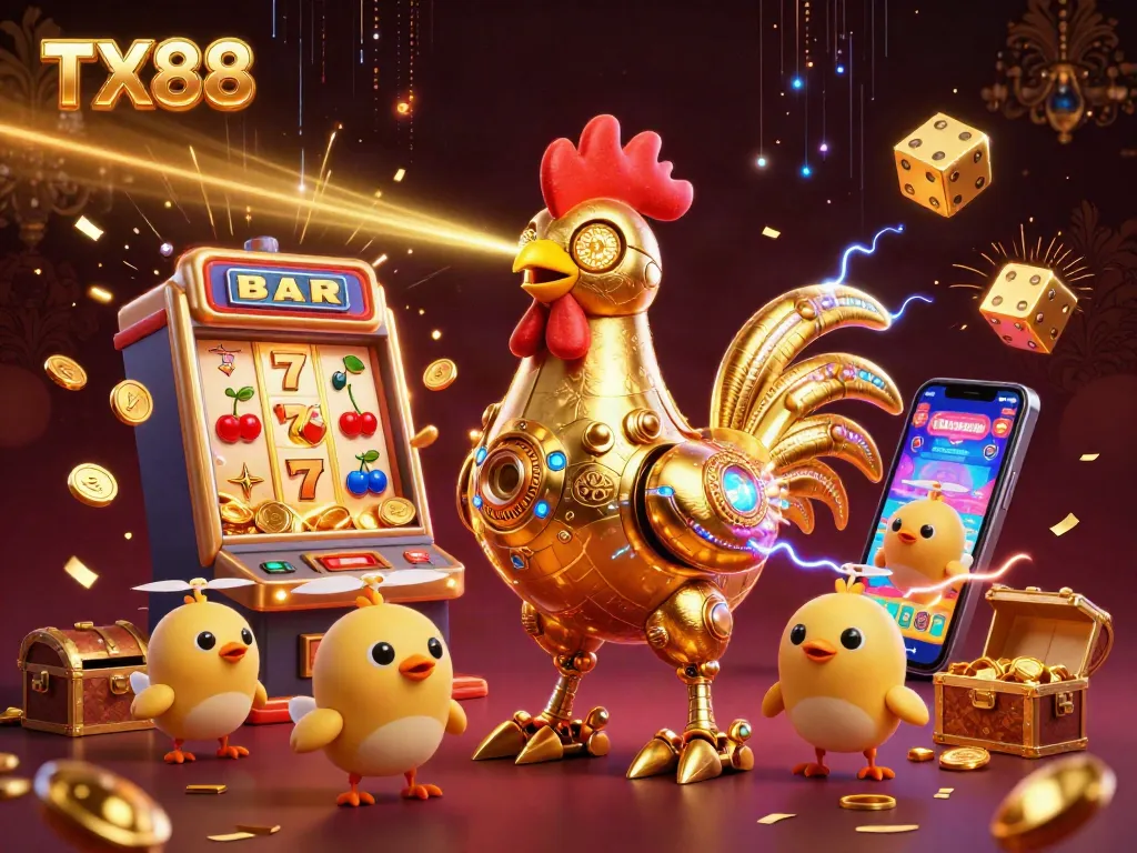Engage with TX88's thrilling casino experience featuring a golden rooster robot and exciting slot machine action.
