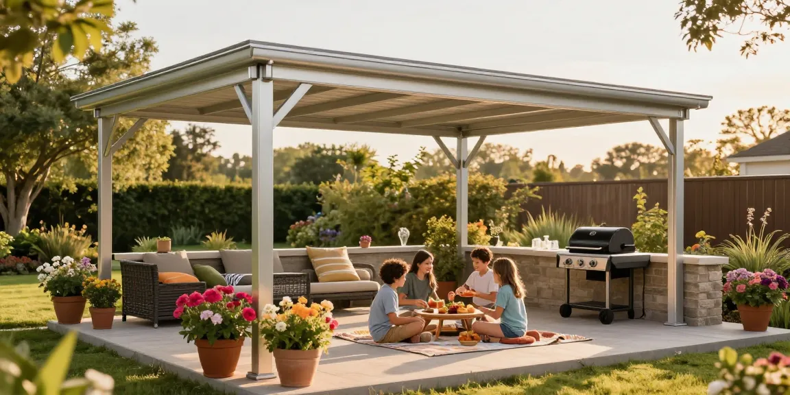 Moderne Terrassenüberdachungen mit Familie im Freien, ideal für entspannte Nachmittage.