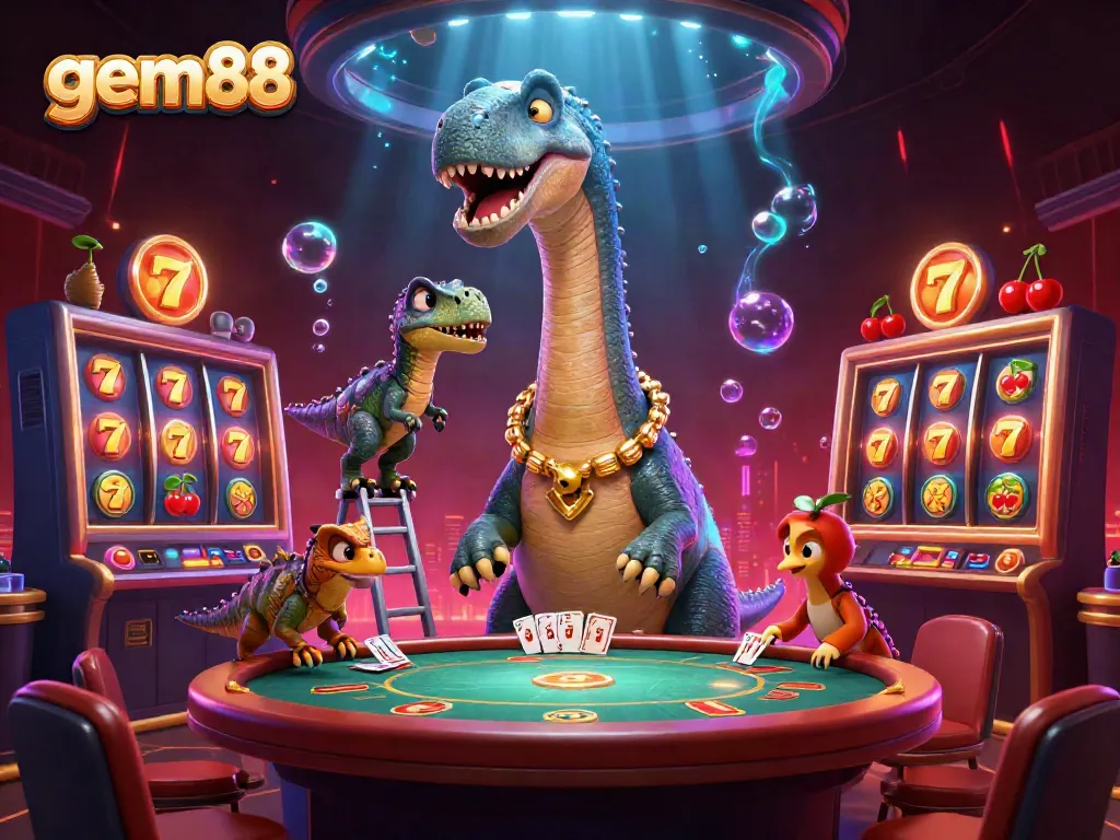 Experience jackpot spins and vibrant casino action with gem88's animated 3D illustration of a fun casino scene.