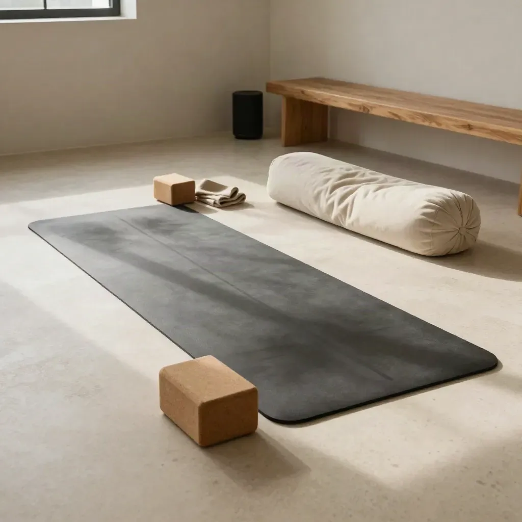 Leerer Yogaraum mit Matte, Bolster, Blöcken und Bank im sanften Licht