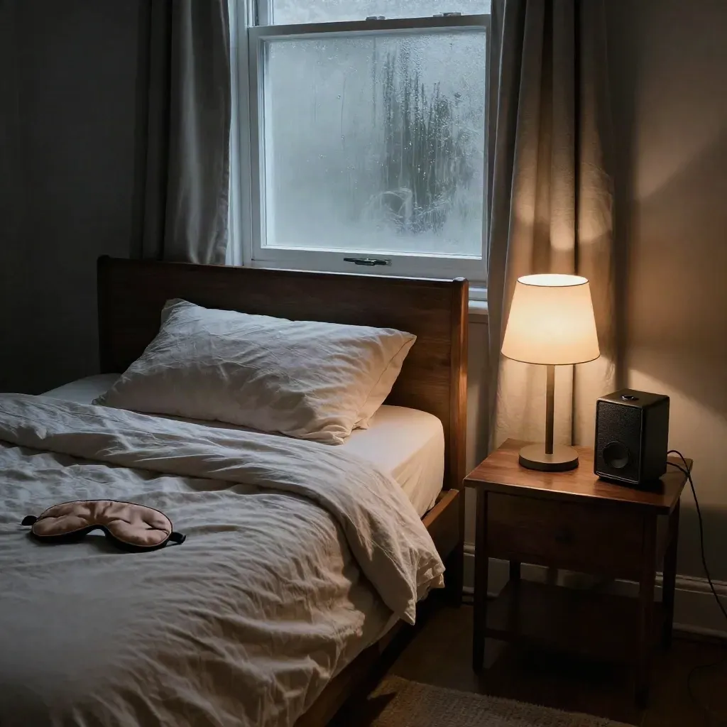 Abgedunkeltes Schlafzimmer mit Bett, Nachttischlampe, Schlafmaske und kleinem Lautsprecher