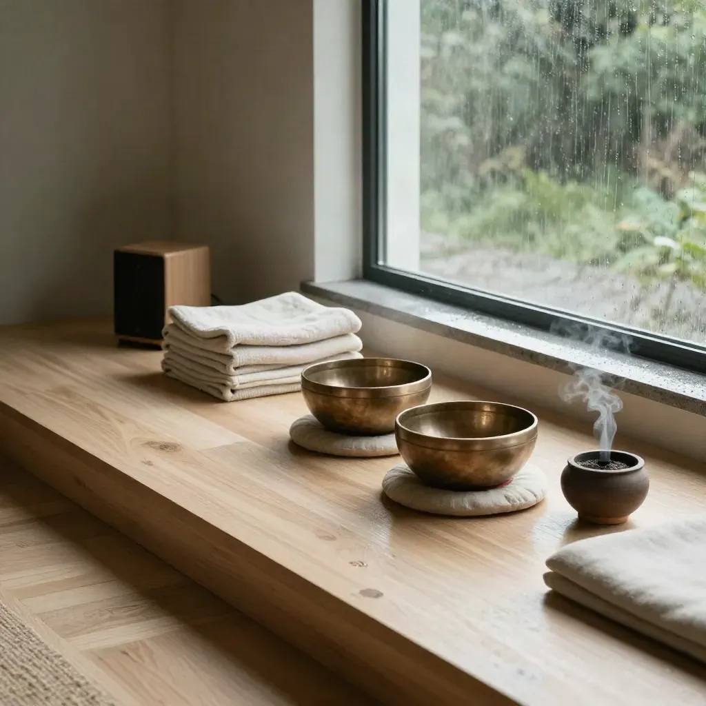 Ruhiges Wellness-Studio mit Klangschalen, Leinenkissen und Morgenlicht nach Sommerregen