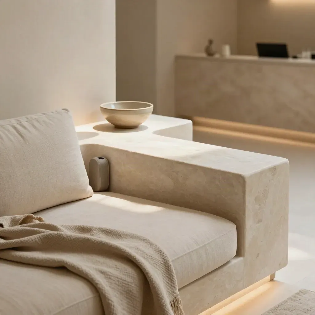 Helle Lounge-Nische mit Steinbank, geflochtener Decke, Lautsprecher und Keramikschale im warmen Licht.
