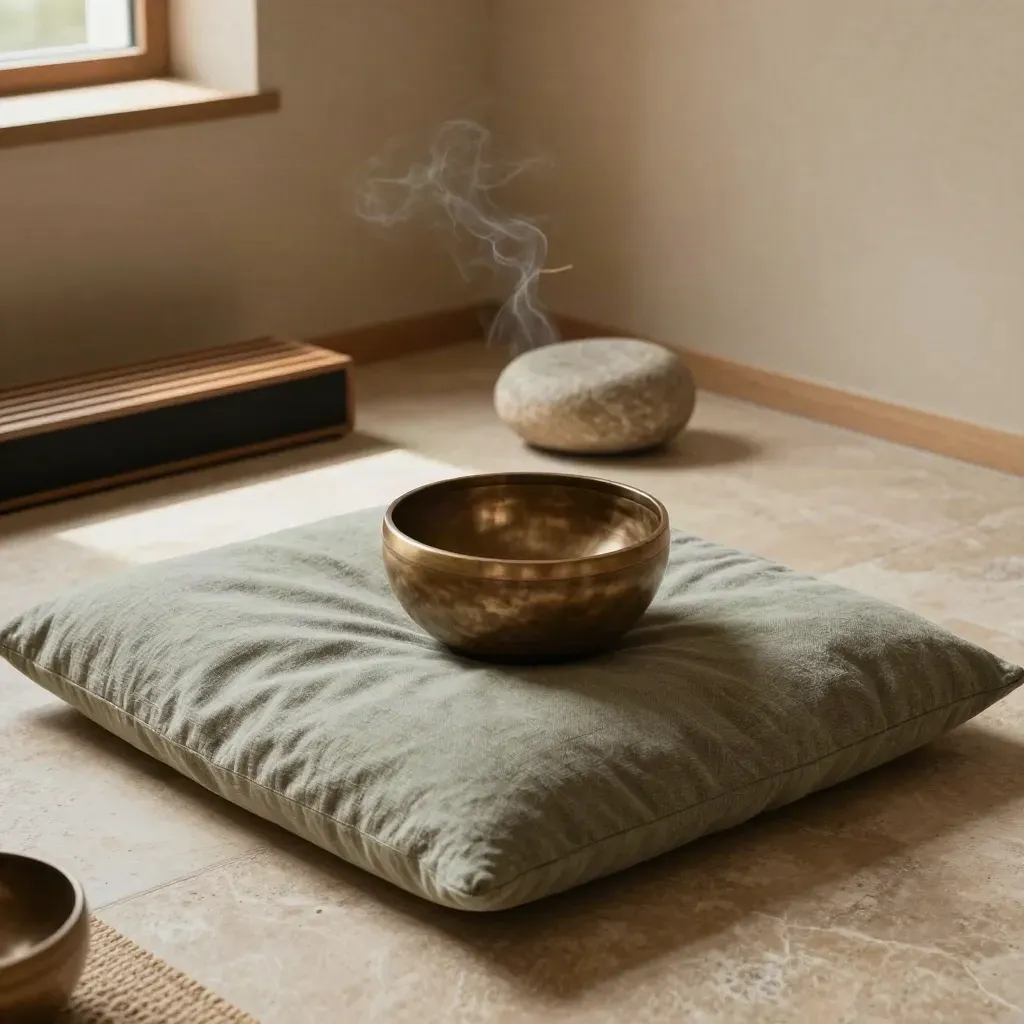 Meditationspodest mit Klangschale, Leinenkissen und sanftem Räucherhauch in ruhiger Studioecke